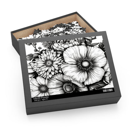 "Floral Bliss Jigsaw Puzzle - Hand-drawn flowers in vibrant colors for a relaxing experience"