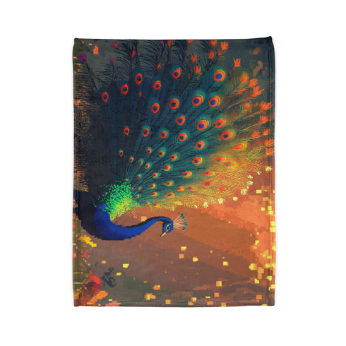Ghost Peacock in Pixel Forest — Plush Fleece Throw Blanket — Folded Plush Blanket Detail