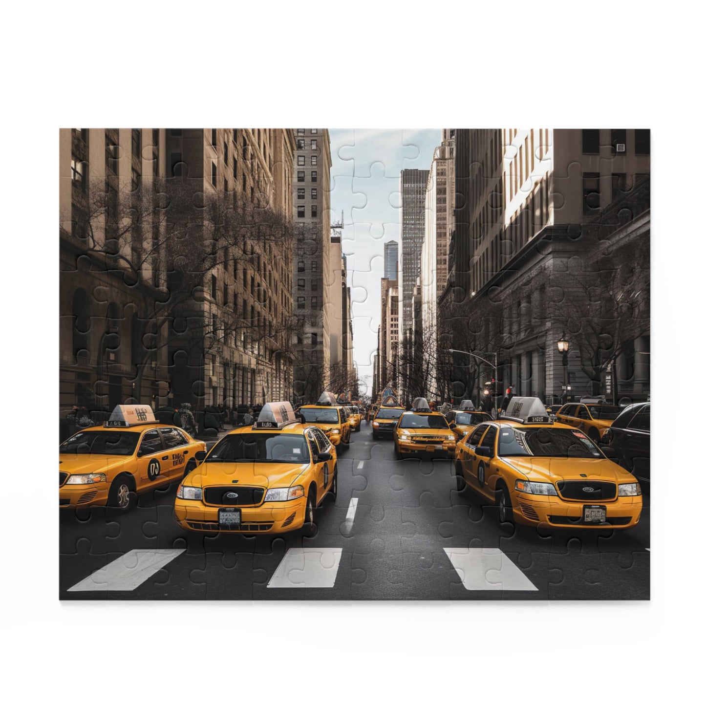 Vibrant NYC Cab Chaos jigsaw puzzle featuring iconic yellow cabs in bustling city. Great gift!