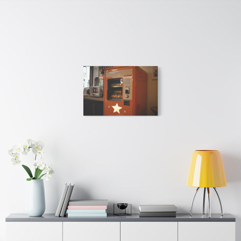 Retro Vending Machine Dispensing Stars — Canvas Wall Art — Kiln-Dried Pine Frame & Ready-to-Hang Back View