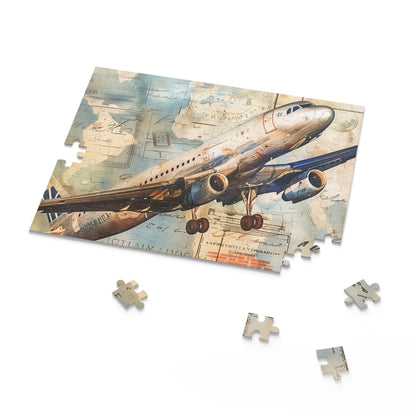 Vintage Airplane Travel Puzzle with intricate travel stamps from around the world, perfect for aviation enthusiasts