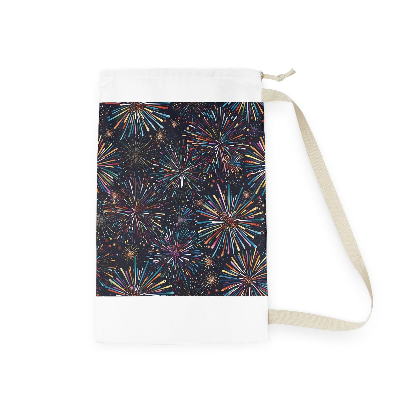 "Vibrant festive fireworks patterned laundry bag for a fun laundry routine"