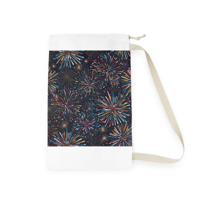 "Vibrant festive fireworks patterned laundry bag for a fun laundry routine"