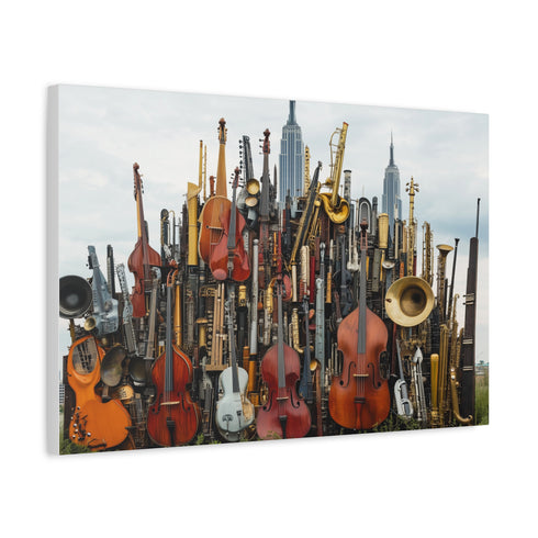 City Skyline Made of Musical Instruments Stretched Canvas Wall Art