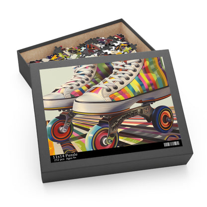 Colorful retro roller skate jigsaw puzzle with stripes, perfect for vintage enthusiasts.