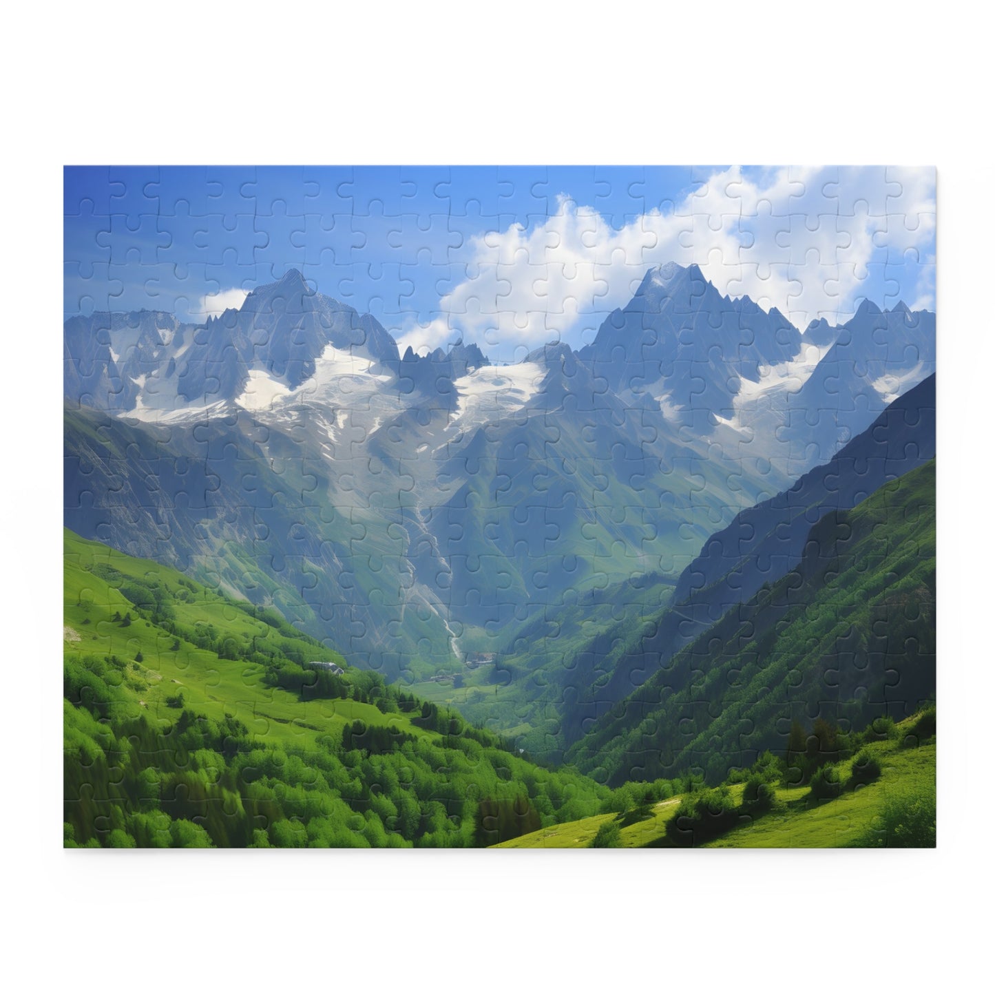 "Alpine Adventure Jigsaw Puzzle - Dive into French Alps beauty with snowy peaks and charming villages"