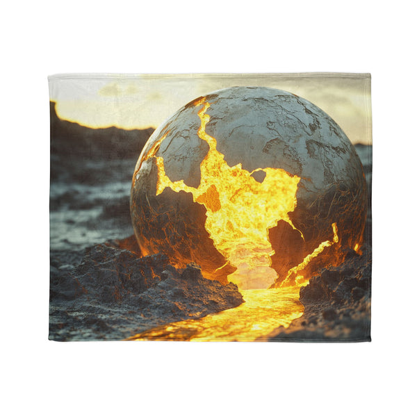 Crumbling Planet Leaking Golden Lava — Plush Fleece Throw Blanket — Draped Over Sofa & Bed Lifestyle View