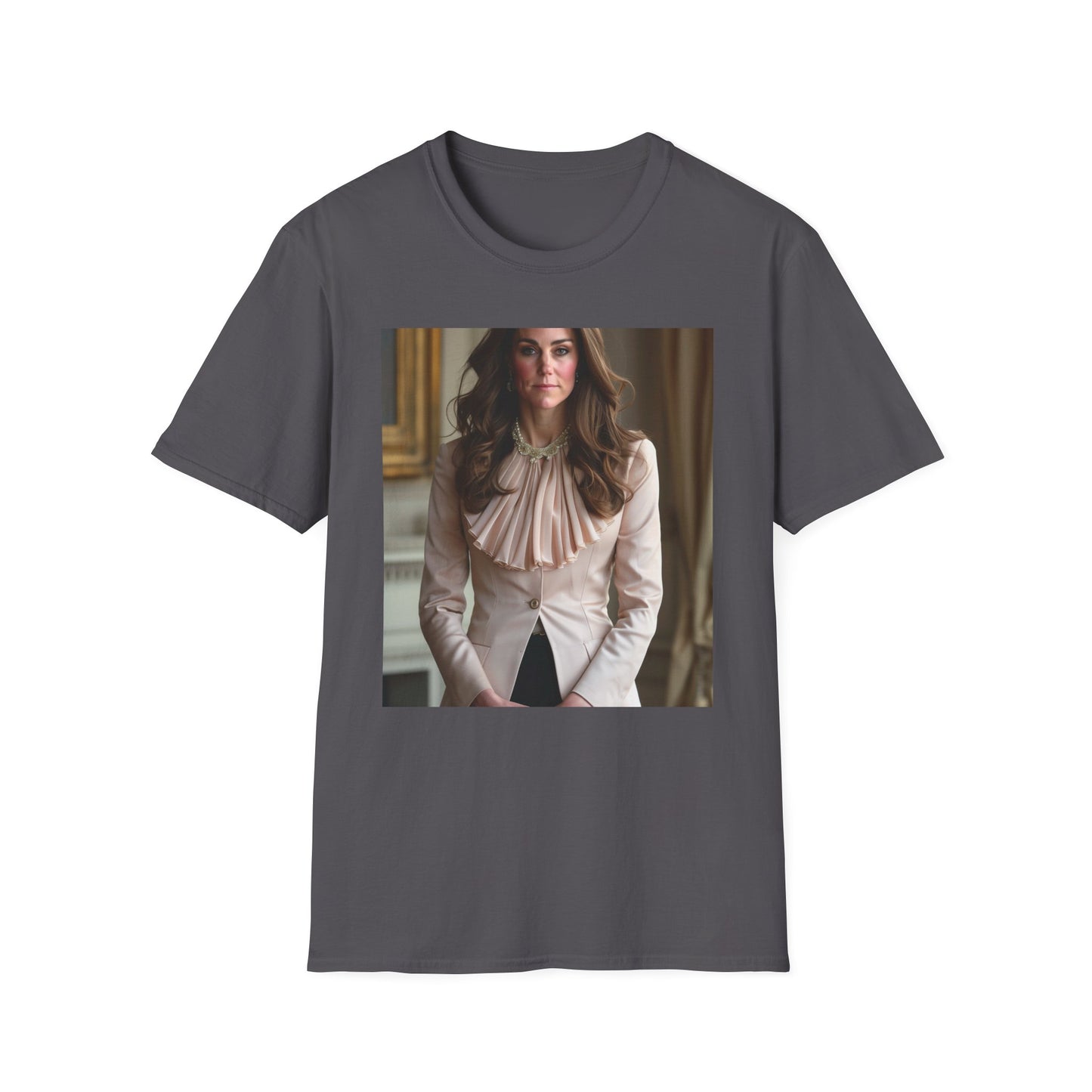 "Royal Tapestry T-shirt inspired by Kate Middleton's enduring legacy, featuring soft brushstrokes and a sophisticated color palette. Embrace timeless elegance with this captivating tee celebrating the Duchess of Cambridge's unwavering dedication and profound impact. Let Kate Middleton's presence guide you towards a life of purpose and grace."