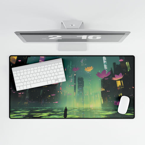 Floating Zen Garden Above Neon City — XL & XXL Desk Mat — Product Detail View 5