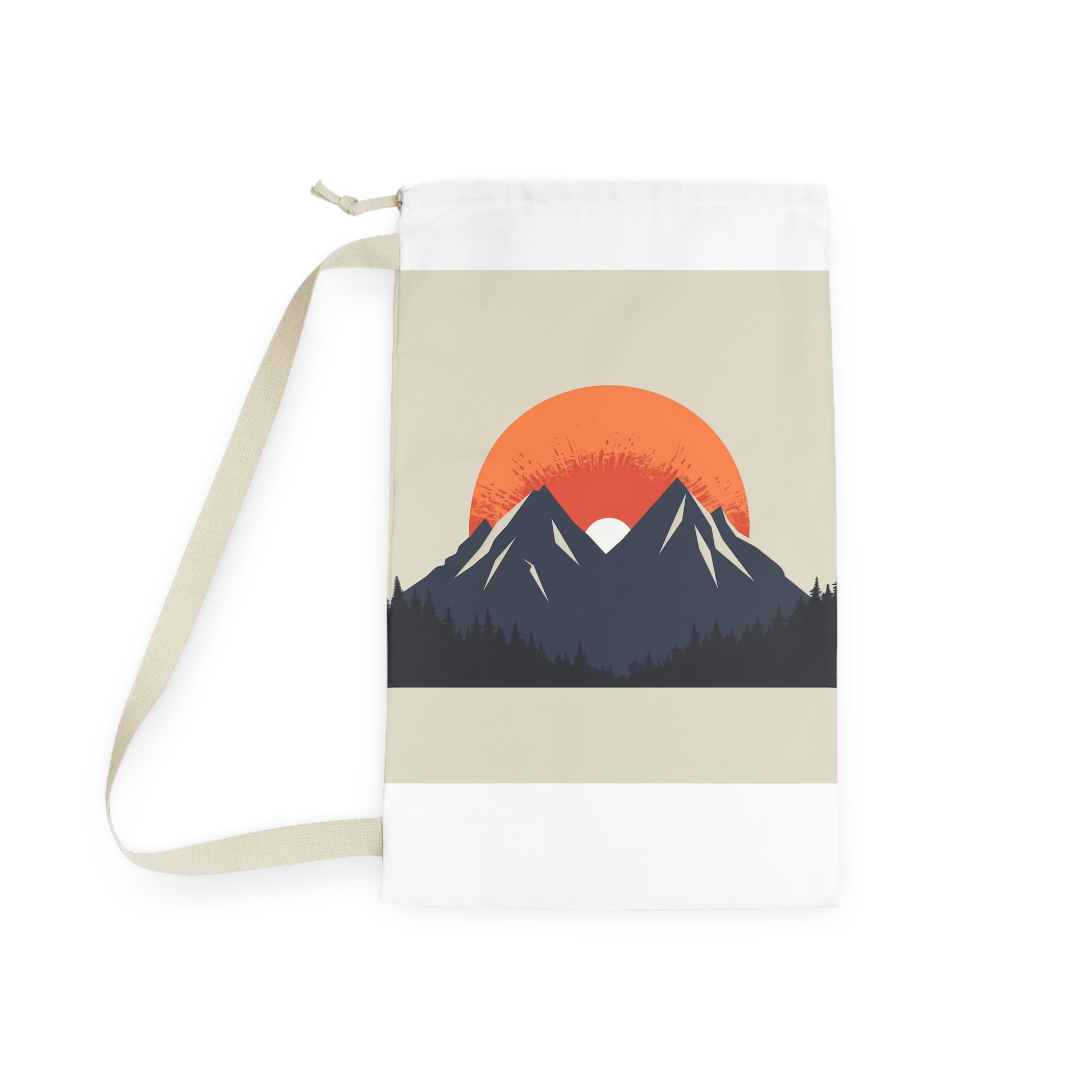 "Sunrise Mountain laundry bag with minimalist design, rising sun over peaks for stylish organization"