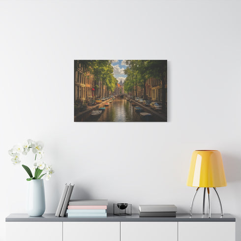 Amsterdam Golden Hour Canal Houses Painted Stretched Canvas Wall Art - View 7 | Prints With Passion