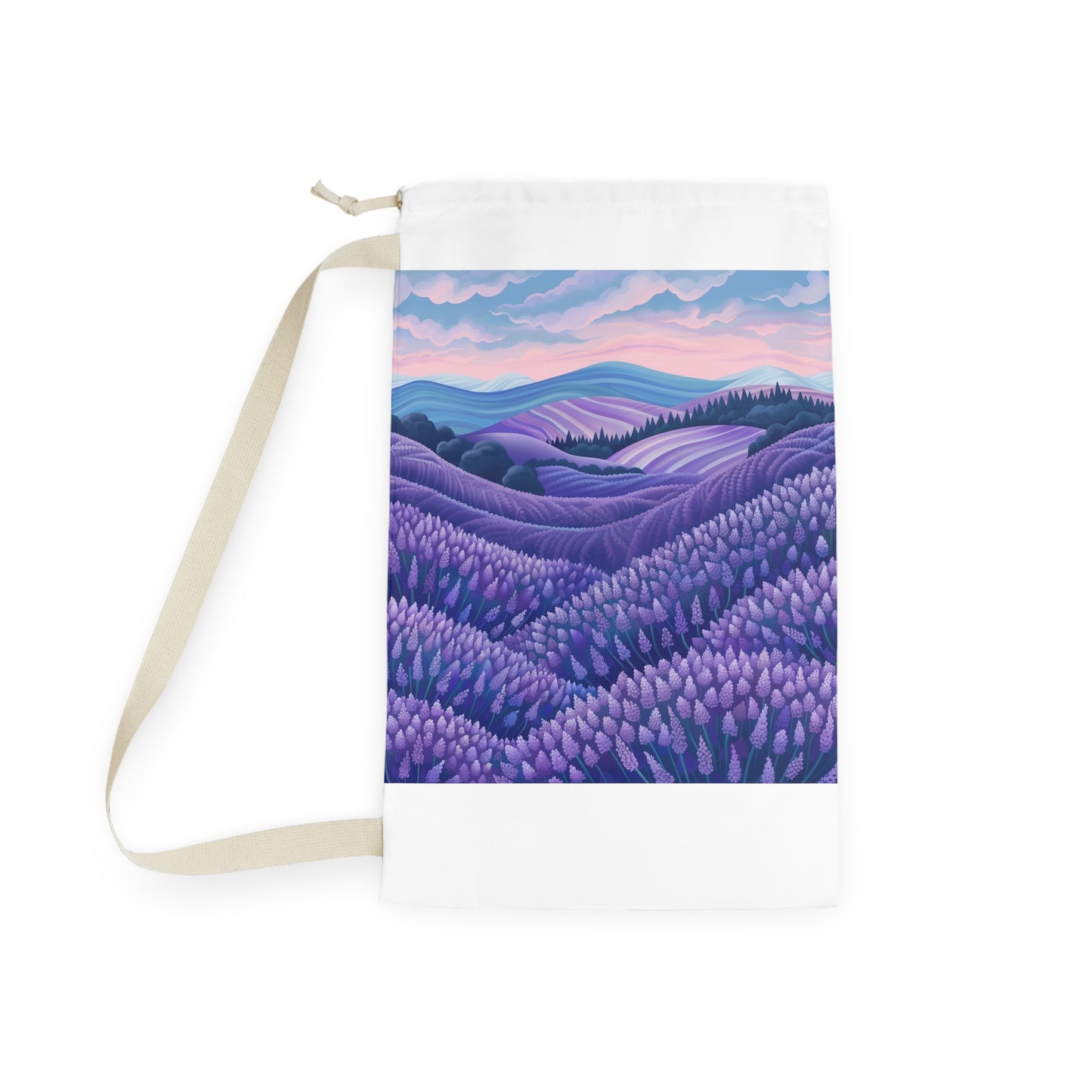 "Seamless lavender fields laundry bag for relaxing laundry routine"