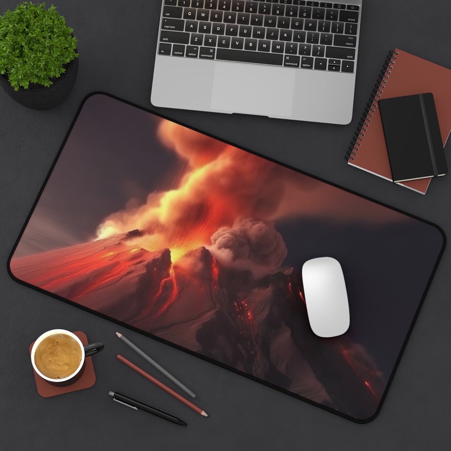 "Vibrant volcano desk mat cover, elevate desk aesthetic with stunning design"