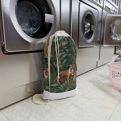 "Jungle Safari Tiger Laundry Bag - Adventure-themed pillowcase with seamless jungle pattern and majestic tigers"