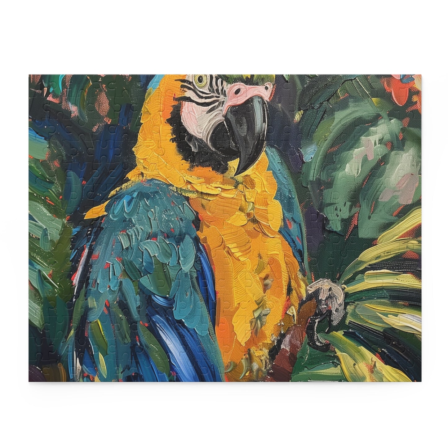 "Vibrant Parrot Paradise jigsaw puzzle with lush tropical scene, fun for all ages"