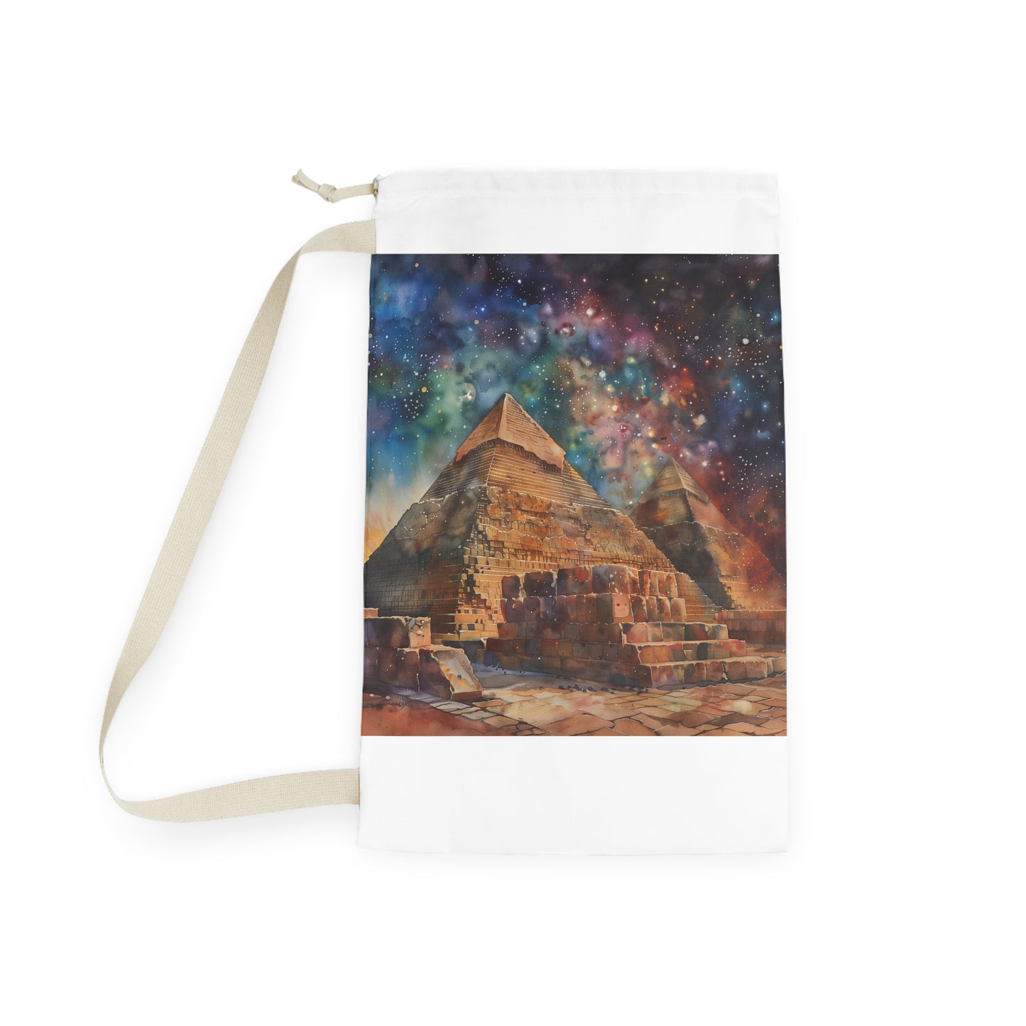 "Pyramid Watercolor Laundry Bag - Transport yourself to ancient Egypt with stunning pyramid design, perfect for adding culture to your home decor"