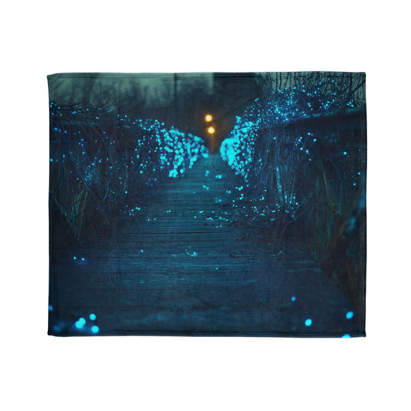 Bioluminescent Vines on a Ghost Bridge — Plush Fleece Throw Blanket — Draped Over Sofa & Bed Lifestyle View