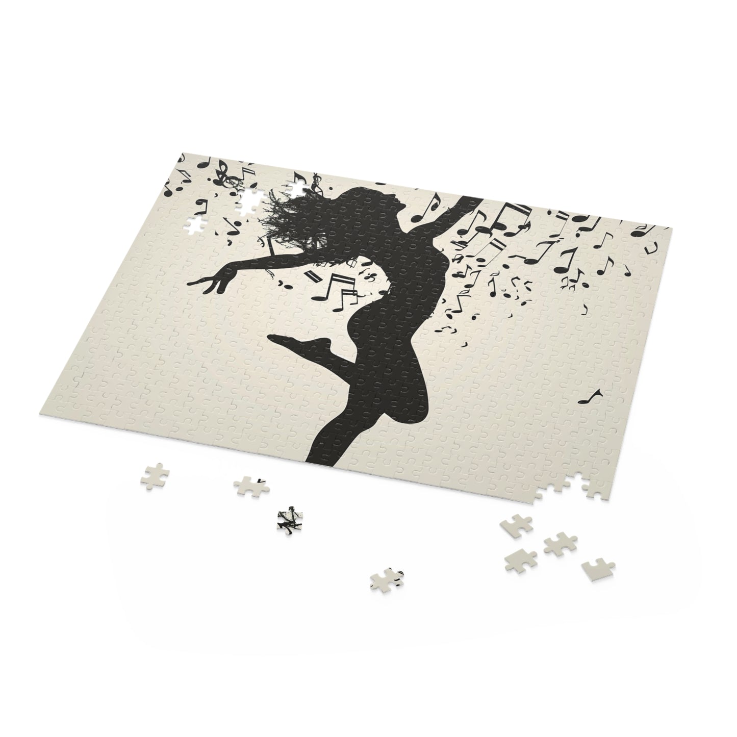 "Graceful dancer silhouette jigsaw puzzle with musical notes design"