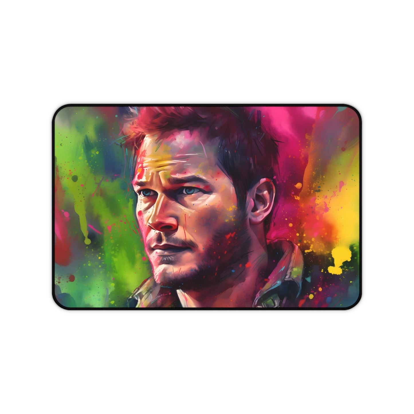 "Vibrant neon Chris Pratt desk mat to brighten up your workspace with colorful watercolor design"