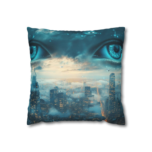 Floating Eyes Watching City from Sky (Edition II) — 40×40 Cushion Cover — Front 40×40 cm Square Cushion View