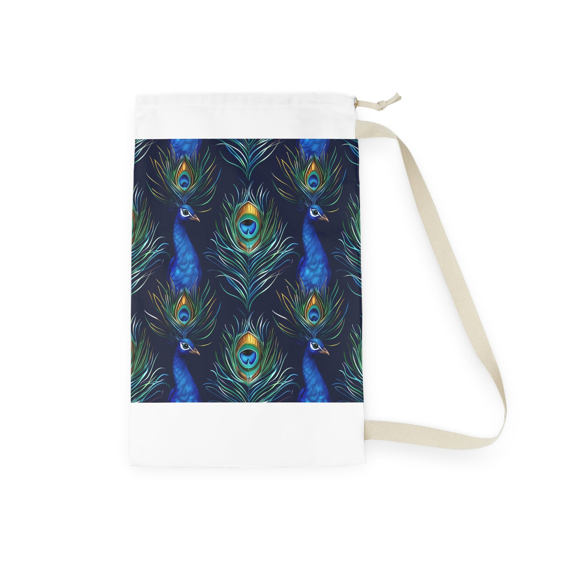 "Peacock Blue Laundry Bag - Stylish laundry bag with vibrant peacock feathers pattern for a touch of luxury"