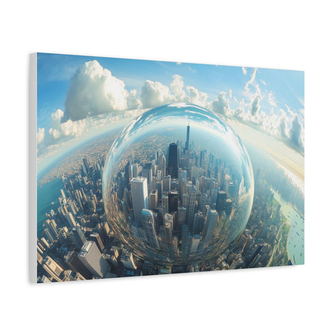 Glass City Hovering Above Earth — Canvas Wall Art — Side Profile & Stretched Corner Detail