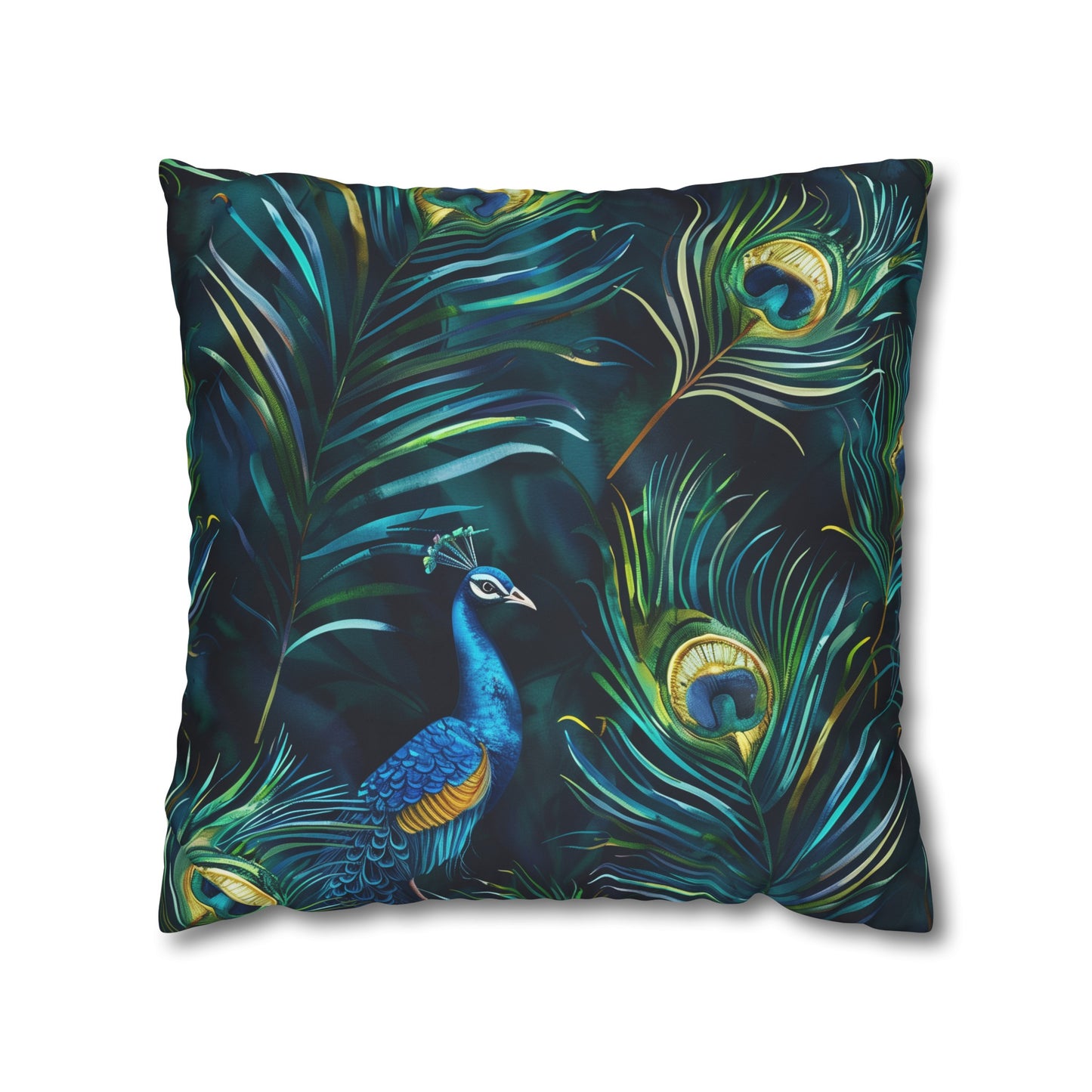 "Vibrant blue peacock feather pillowcase, elegant seamless pattern for luxurious bedroom decor"