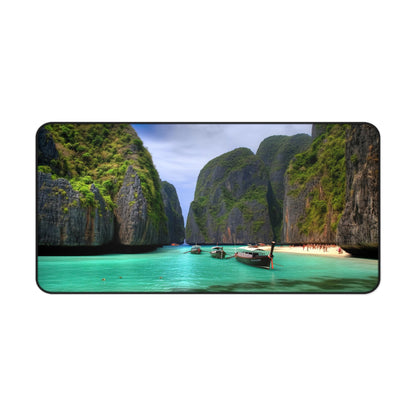 "Koh Phi Phi Lagoon Desk Mat: Dive into serene beauty of crystal-clear waters and lush cliffs"