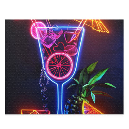 Neon Cocktail Jigsaw Puzzle - Vibrant tropical cocktail sign for relaxing at home. Vibrant nightlife vibes.