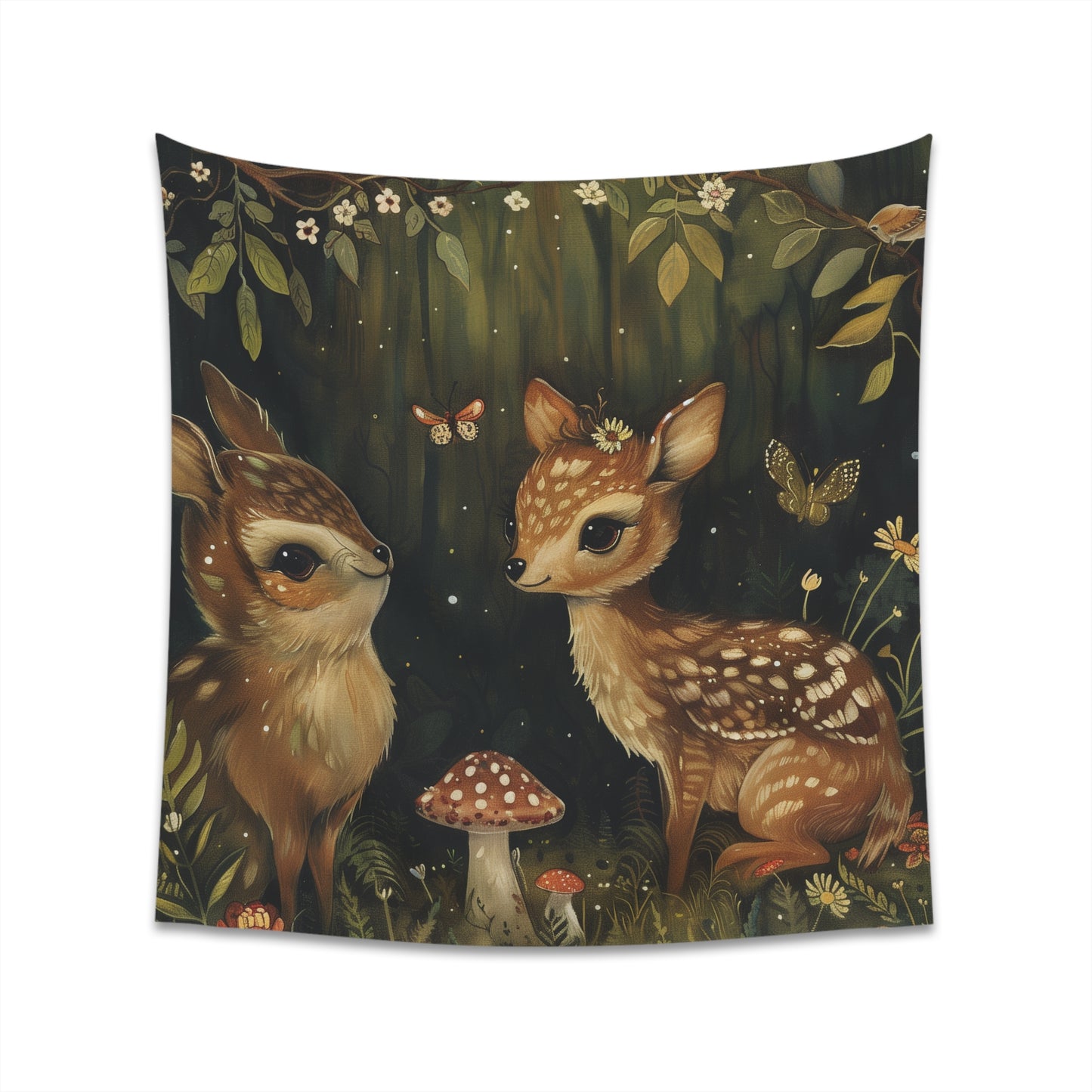 "Whispers of the Woods: A Creature Tapestry - Adorable woodland creatures in a lush forest setting, perfect for all seasons. High-quality and stylish home decor."