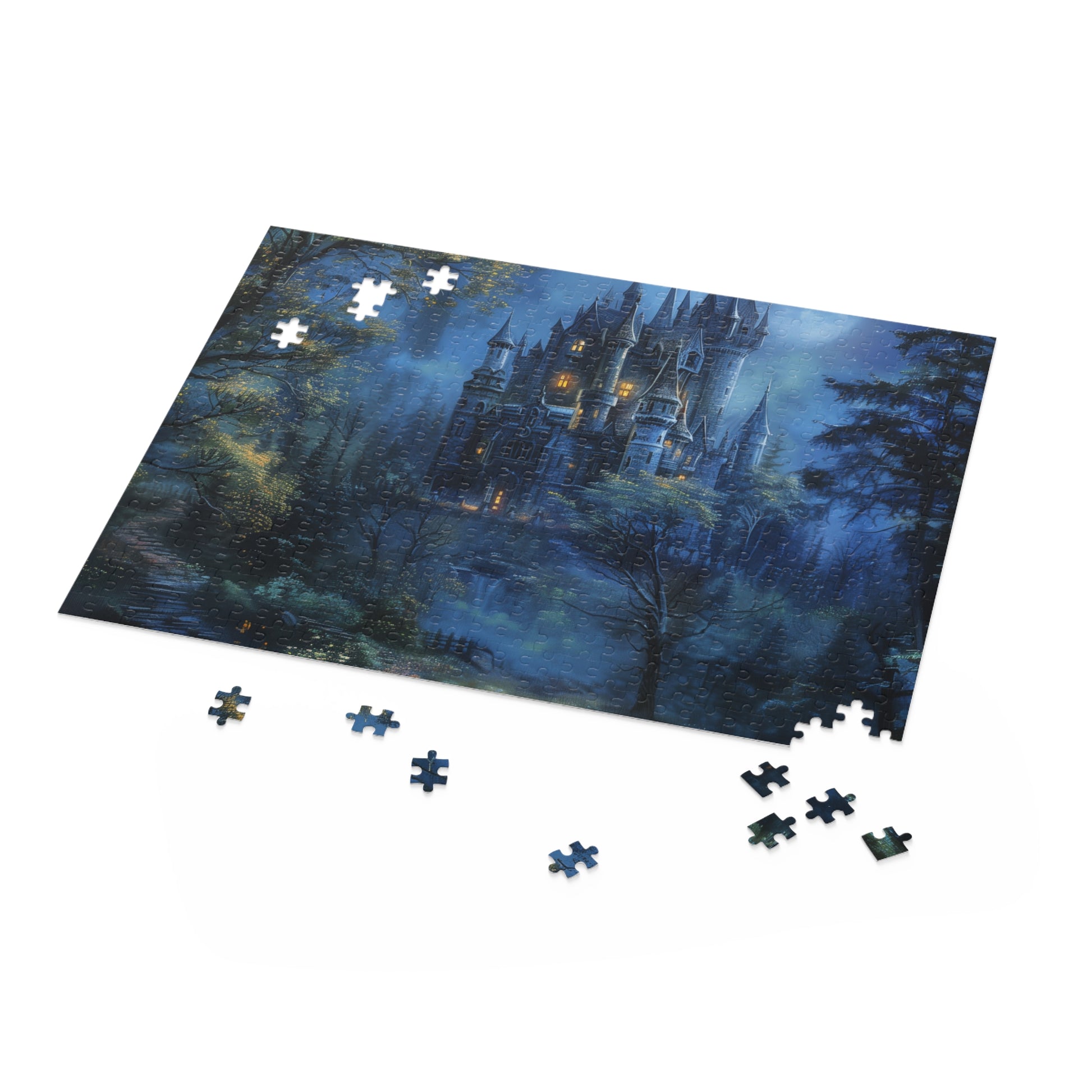 "Enchanting Moonlit Forest Castle Jigsaw Puzzle - Relaxing fantasy game for all ages"