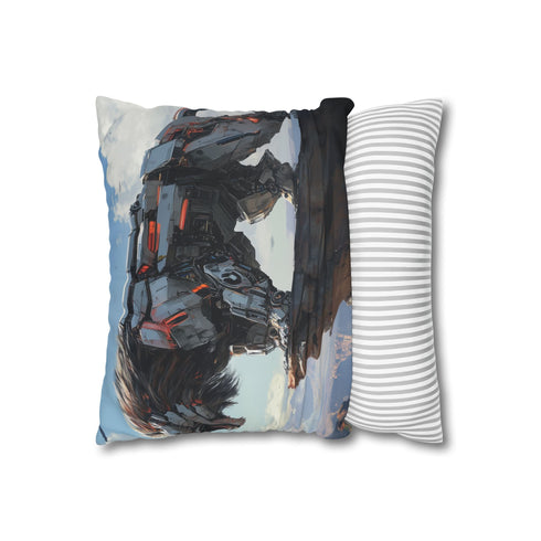 Mech Lion Roaring on a Digital Cliff — 40×40 Cushion Cover — Soft Brushed Fabric Texture Close-Up