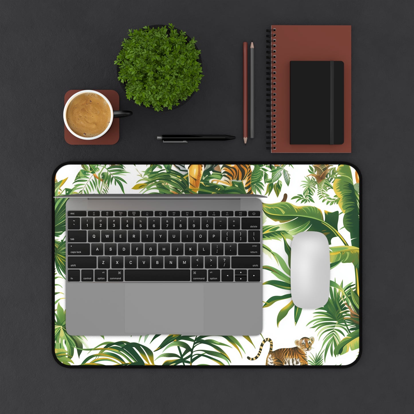 "Safari Tiger Desk Mat - Lush jungle inspired work accessory with majestic tigers, add adventure to your day"