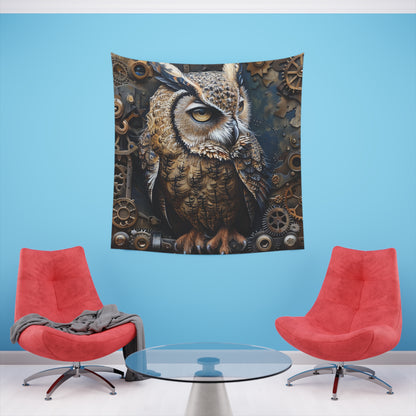 Owl of Industry: A Steampunk Tapestry | Wall Tapestry | All Over Print, AOP, Decor, Halloween, Home & Living, Home Decor, Indoor, Spring Essentials, Sublimation, Tapestry | Prints with Passion