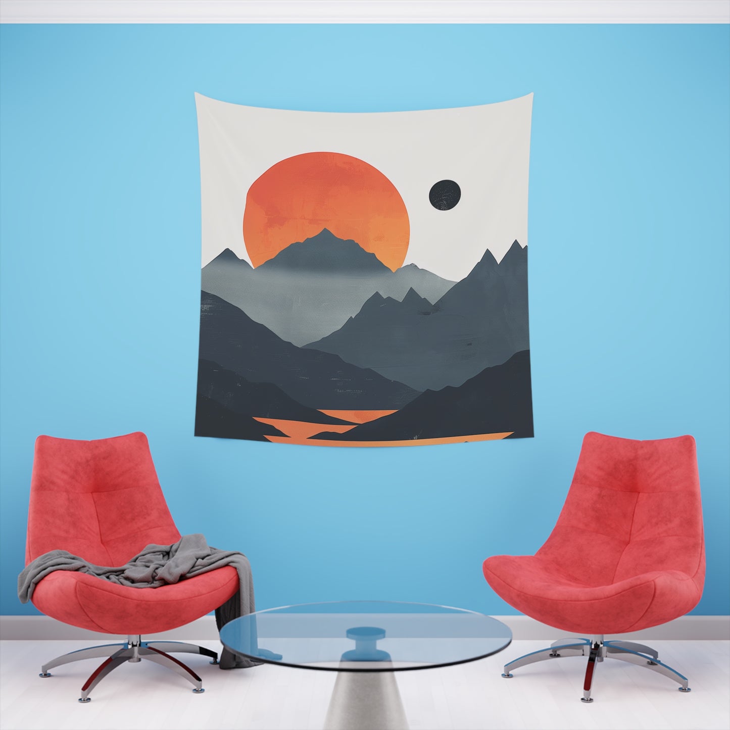 Sunrise Serenity: A Minimalist Mountain Tapestry | Wall Tapestry | All Over Print, AOP, Decor, Halloween, Home & Living, Home Decor, Indoor, Spring Essentials, Sublimation, Tapestry | Prints with Passion