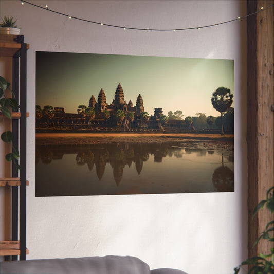 and reflective moats that have made Angkor Wat a symbol of architectural brilliance. Set against a backdrop of a radiant sunrise