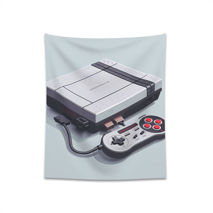 "Game On: Retro Tapestry - Classic console and pixel art for gamers. High-quality, comfortable, and stylish. Makes a great gift. Available in 34" x 40" and 57" x 57" sizes. Shop now!"