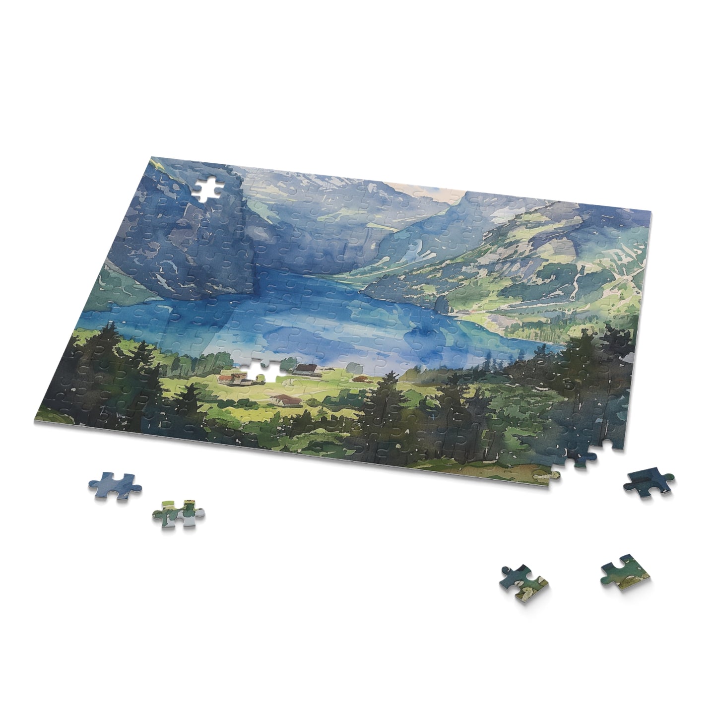 "Swiss Alps Watercolor Jigsaw Puzzle - Piece Together Majestic Mountains and Serene Beauty at Home"