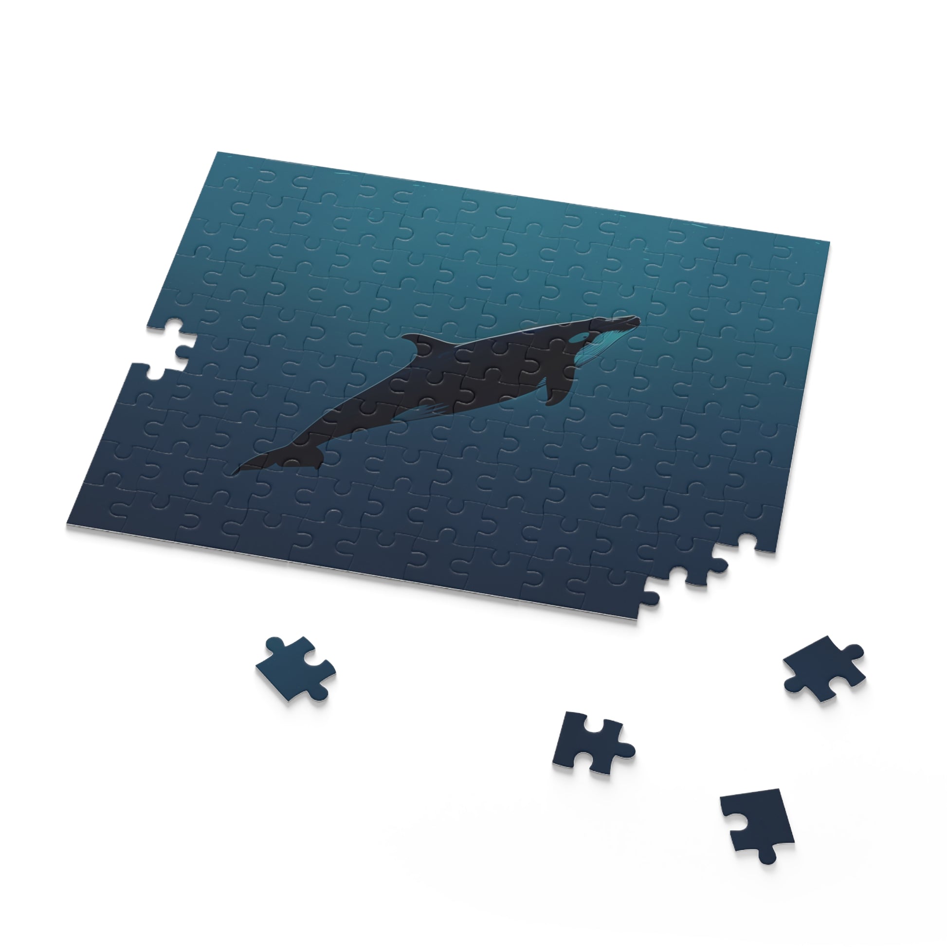 "Ocean Whale Jigsaw Puzzle - Relaxing minimalist design with majestic whale swimming in the ocean depths"