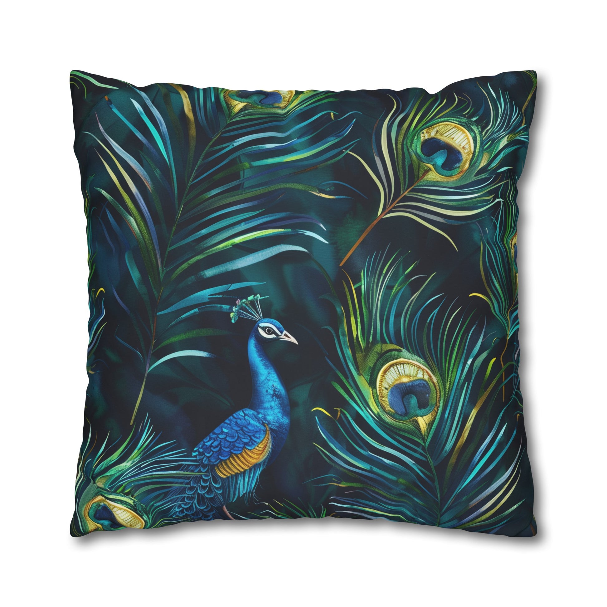 "Vibrant blue peacock feather pillowcase, luxurious oasis for elegant bedroom decor"