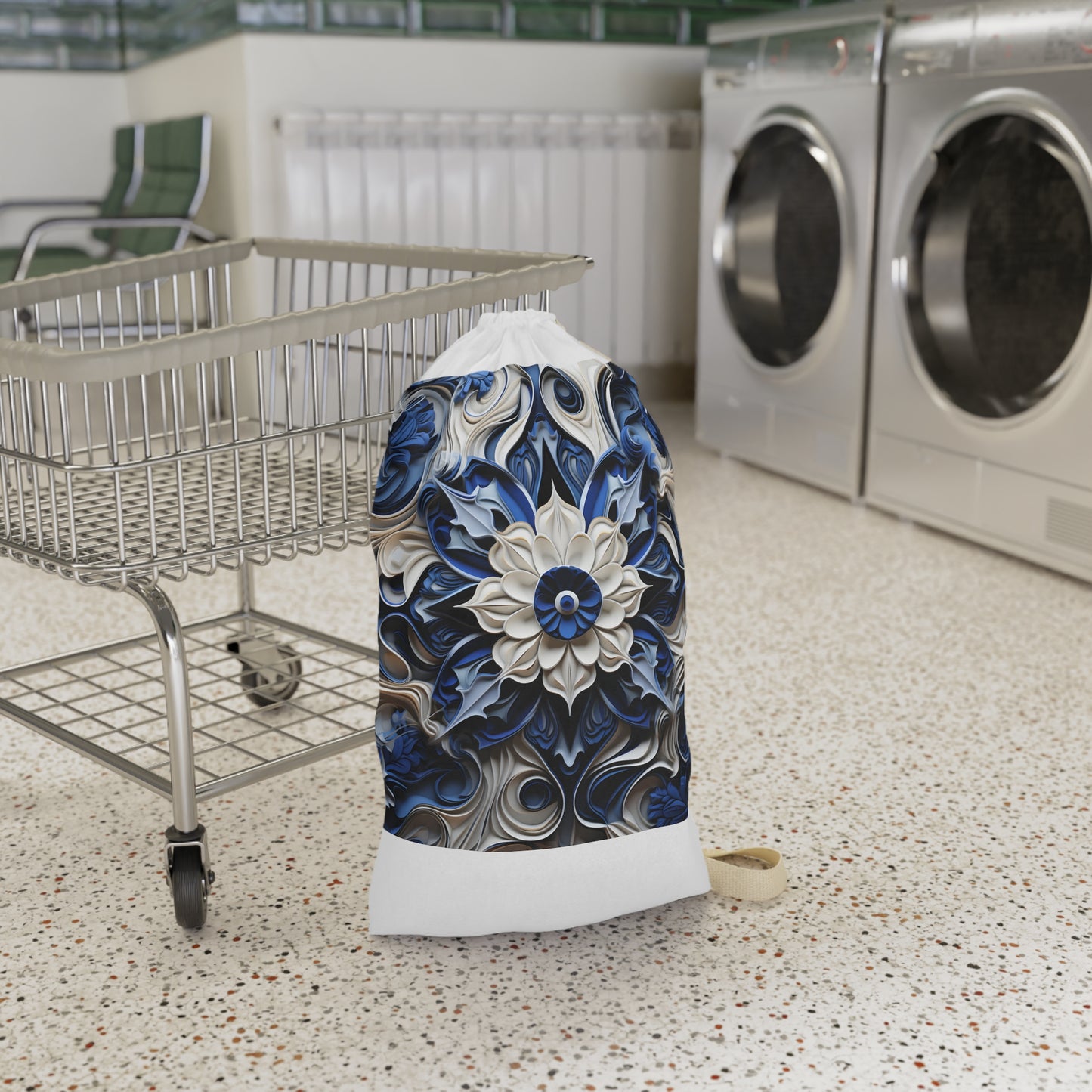 "Blue porcelain texture laundry bag with soothing shades, elevate laundry routine with style"