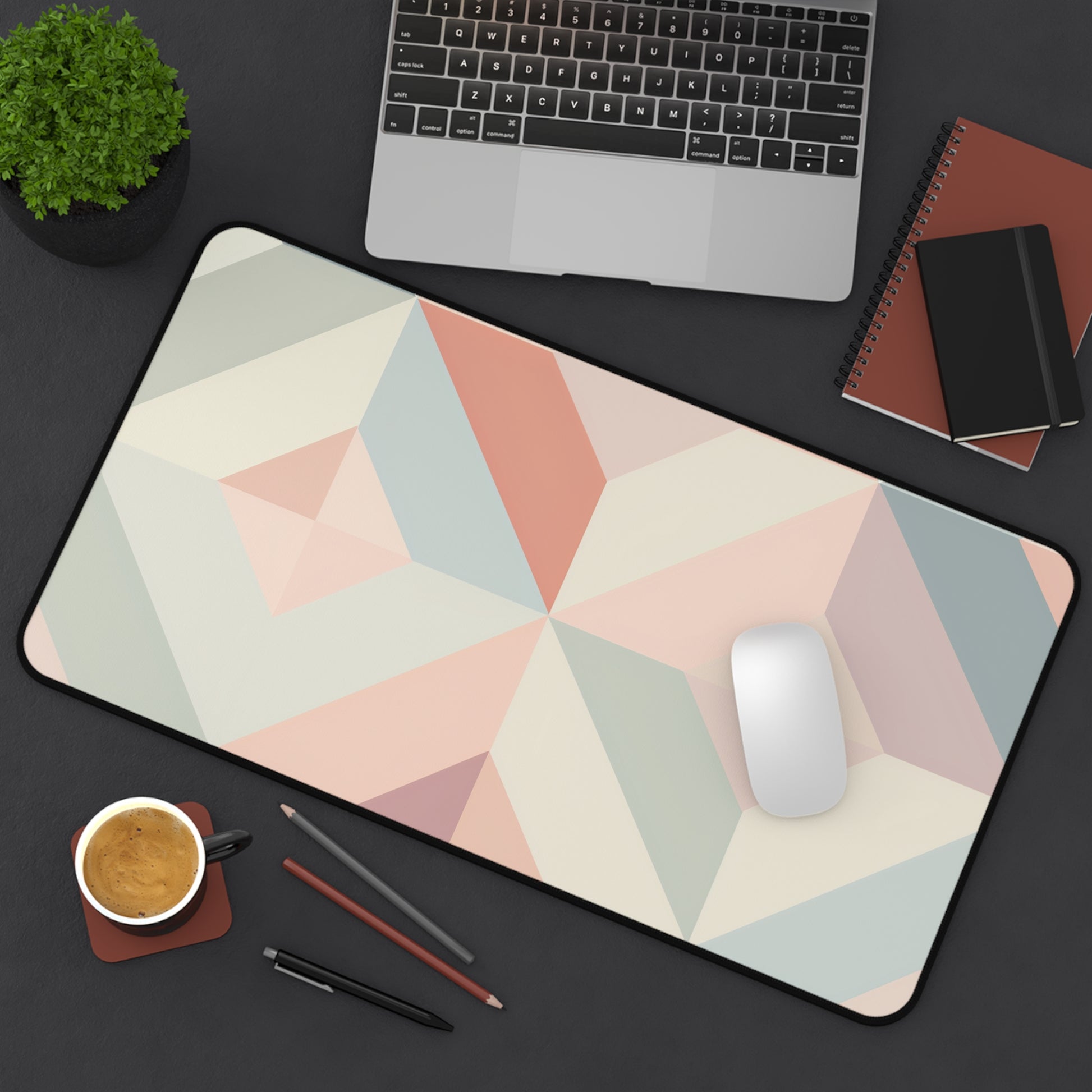 Pastel Geo Desk Mat - Elevate your workspace with this modern and stylish desk accessory, featuring a seamless geometric pattern in soft pastel hues.