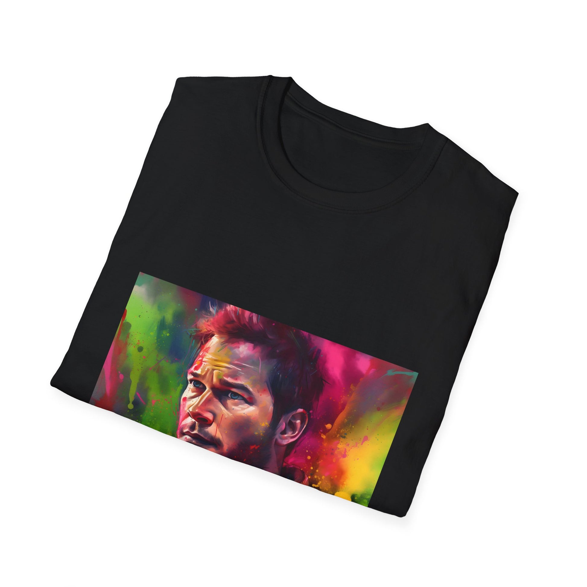 "Chris Pratt Adventurous Spirit Neon Hues T-Shirt - Embrace the Wild in Vibrant Watercolor Design - Stay True to Yourself with Global Icon's Legacy"