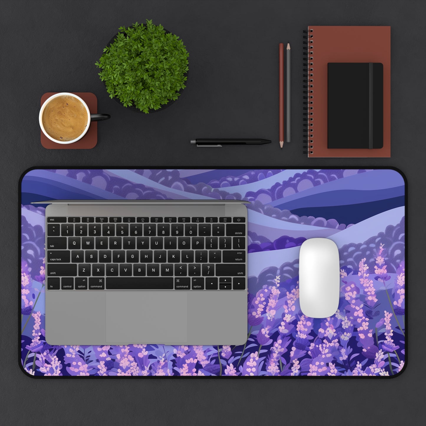 "Calming Lavender Fields Desk Mat - Serene floral pattern for stylish workspace"