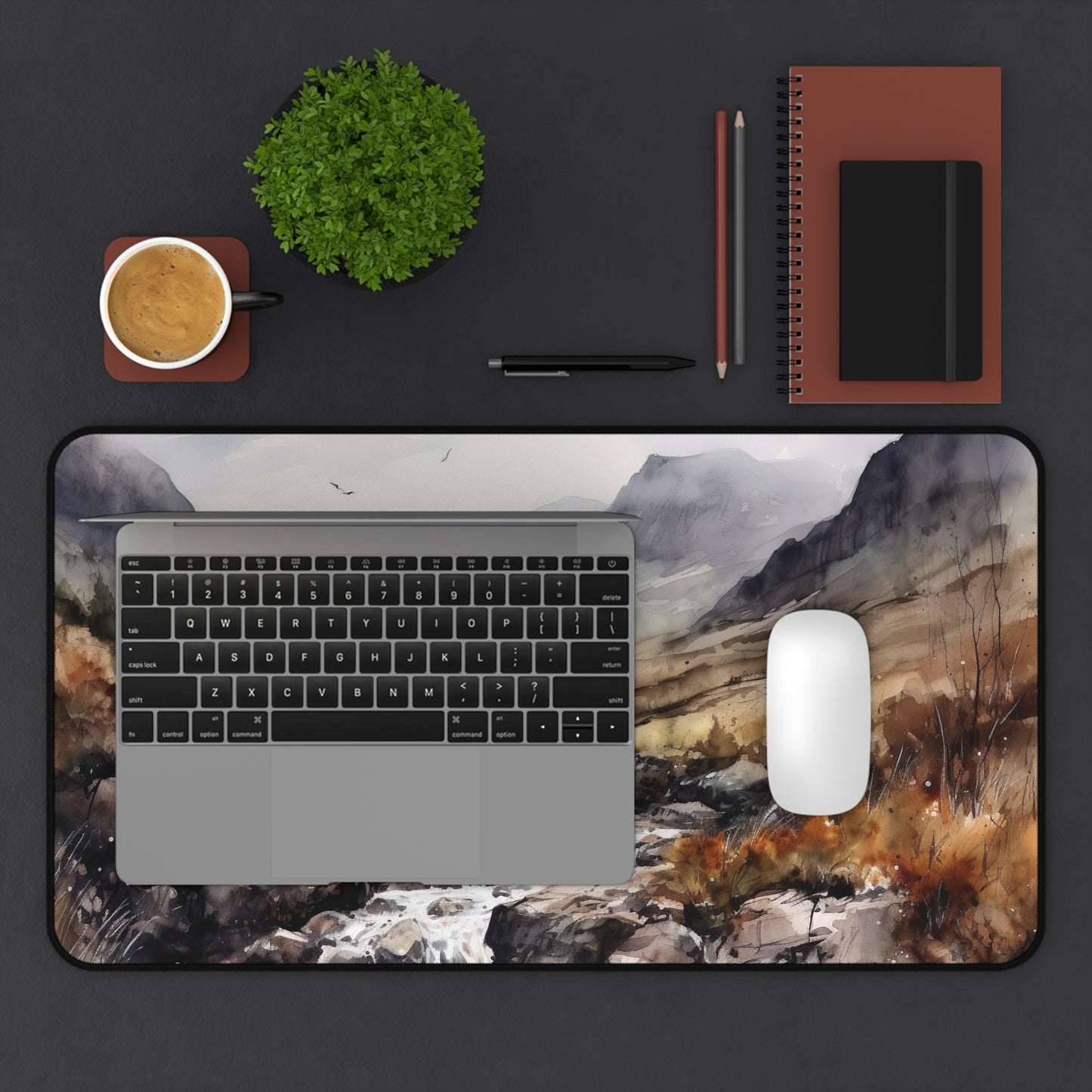 "Scottish Countryside Desk Mat - Elevate your workspace with picturesque landscape of rolling hills and lush greenery"