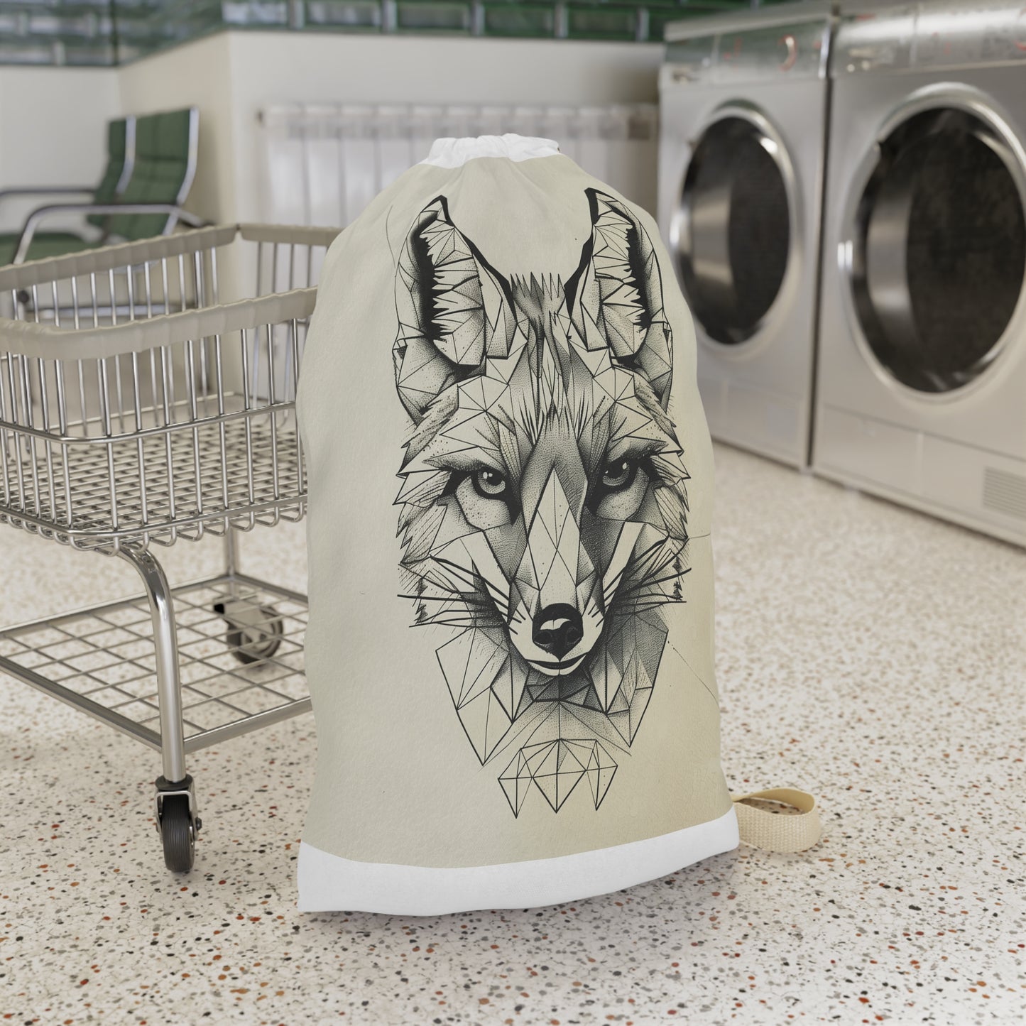 "Fox geometric laundry bag with bold angular lines, stylish way to keep laundry organized"