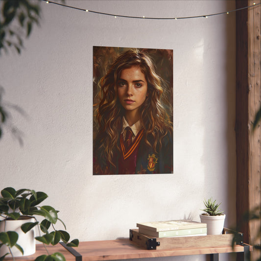 'Enter the magical realm of Hogwarts with the Hermione Granger Poster from the upcoming game Hogwarts Legacy. Witness Hermione's artistic transformation and be inspired by her journey of self-discovery.'