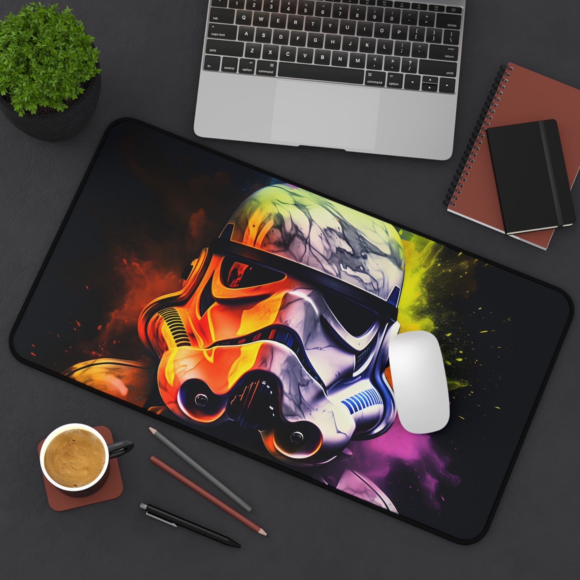 Neon Storm Trooper Desk Mat - Vibrant watercolor neon colors for Star Wars fans and sci-fi enthusiasts.