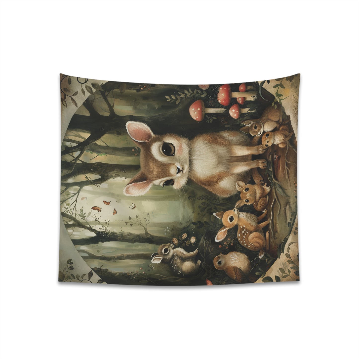 "Forest Friends: A Woodland Tapestry - Enchanting scene of adorable creatures in lush foliage. Perfect gift for nature lovers. Available in 34" x 40" and 57" x 57". Shop now at BenCPrints."