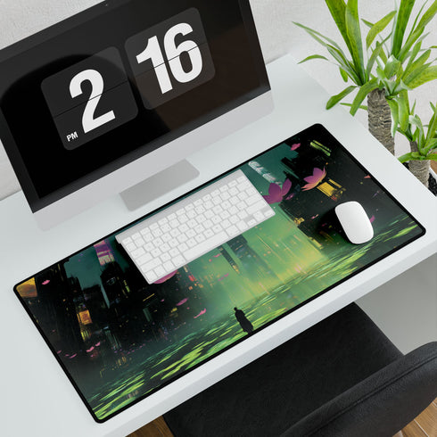 Floating Zen Garden Above Neon City — XL & XXL Desk Mat — 3mm Non-Slip Natural Rubber Base Detail
